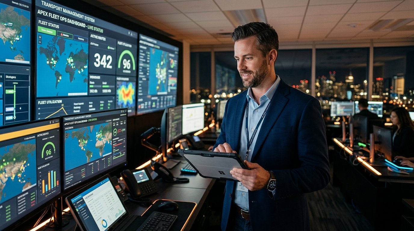 Logistics operations manager monitoring live commercial fleet in dispatch control room